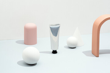 Minimal Silver Cosmetic, Cream Tube Mock-Up with Abstract Geometric Shapes