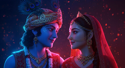 Janmashtami, Mesmerizing digital artwork of Radha and Krishna sharing a divine, soulful moment of love and serenity. Set against a glowing, magical background, their gentle expressions reflect eternal