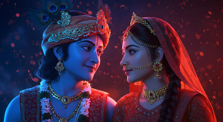 Janmashtami, Mesmerizing digital artwork of Radha and Krishna sharing a divine, soulful moment of love and serenity. Set against a glowing, magical background, their gentle expressions reflect eternal