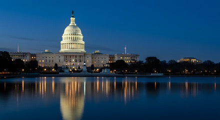 Obraz premium Night View of the United States Capitol Building in Washington, D.C., Featuring Illuminated Architecture and Iconic American Landmark Scenery