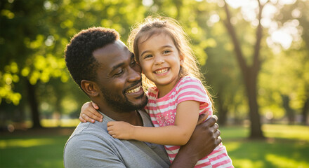 Fototapeta premium Pure joy captured a father and daughter embrace in a sunlit park a heartwarming moment