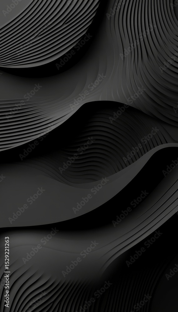 Poster abstract black background, fluid art texture with wavy lines, dynamic flowing shape, 3d rendering