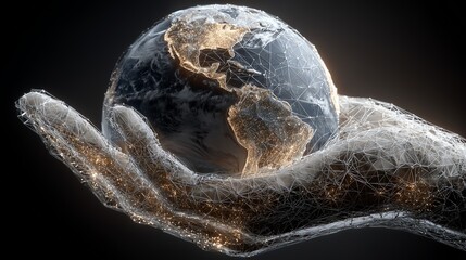Polygonal Hand Holding Earth in Futuristic Network, Modern Concept with Balanced Empty Space