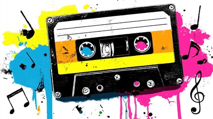 Vintage cassette tape illustration with vibrant splashes of color and musical notes, representing nostalgia and the essence of retro music culture in a creative design