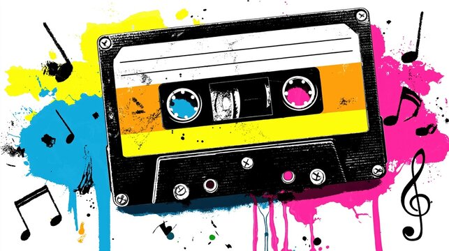 Vintage cassette tape illustration with vibrant splashes of color and musical notes, representing nostalgia and the essence of retro music culture in a creative design