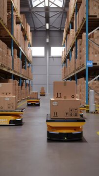 Autonomous AGV robots transporting cardboard boxes in an automated warehouse or distribution logistics center. Smart warehouse automation concept. Realistic high quality 3d rendering animation.