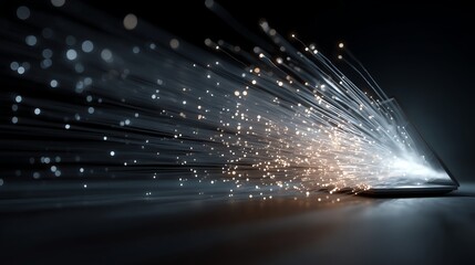 Abstract 3D Render of Cyber Virus Attack via Fiber Optic Cables on Laptop with Dynamic Lighting and Dark Background