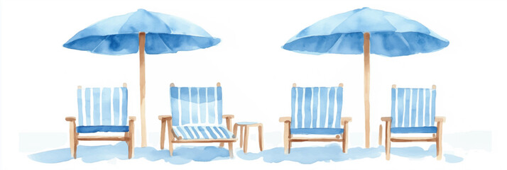 Vector illustration, watercolor paints of beach umbrella and chairs on sandy beach. Banner