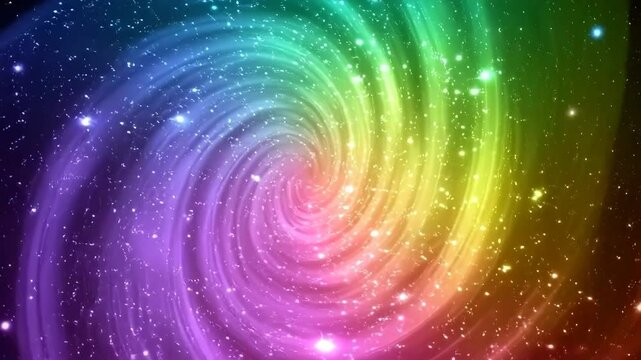 Galactic whirlpool of light with neon edges and soft trailing rainbow energy, floating through a dark velvet universe, stars sparkling in every direction