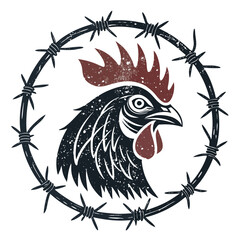 Design a grunge-style chicken logo featuring a barbed wire halo, isolated on a transparent background.  The style should be gritty and edgy.