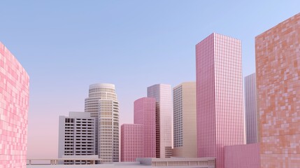 Fototapeta premium Modern city skyline featuring tall buildings in shades of pink and beige, with a clear blue sky creating a vibrant urban atmosphere and contemporary architectural design