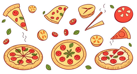 Set of pizza, Pizza slices set, Whole pizza and slices, Assorted pizza toppings, Pizza collection, Italian pizza set, Pizza variety illustration, Cartoon pizza set, Pizza clipart collection, Pepperoni