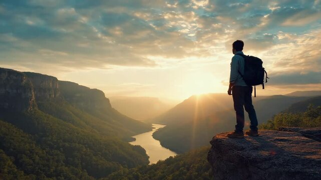 Man hiking in the mountains at sunrise, adventure travel