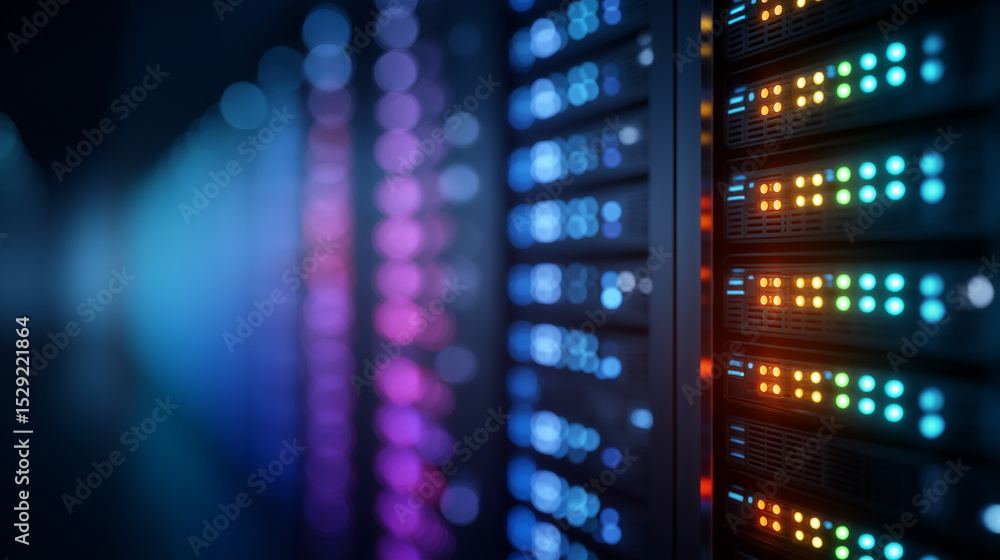 Poster modern rack-mounted servers with led indicators in data center
