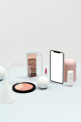 Cosmetics and Smartphone Mockup Scene with Pastel Geometric Decor