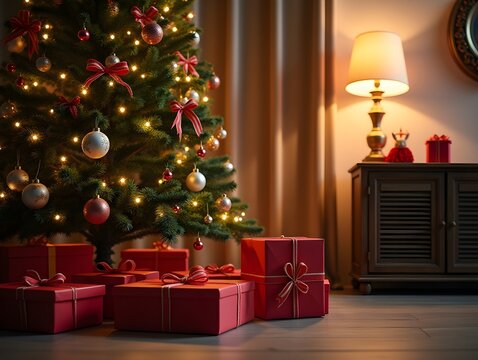 Christmas tree and presents in a room