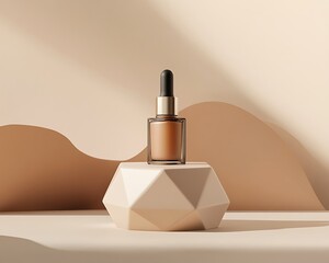 Muted earth-tone geometry pedestals in polygon shape with sleek cosmetic bottle