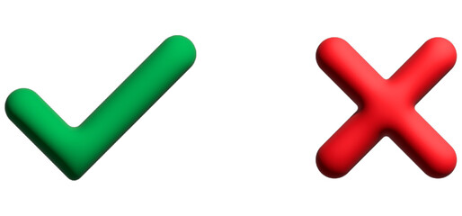  Illustration of green check mark, red cross symbols on white background. Positive, negative signs for web, app, interface, design. Check mark means yes, approval, correct choice. Cross mark means no,
