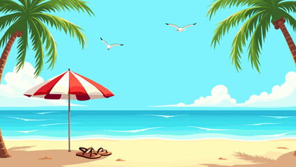 Obraz premium Front view of tropical beach with palm trees, flip-flops and umbrella. Vector summer scene for vacation and relaxation