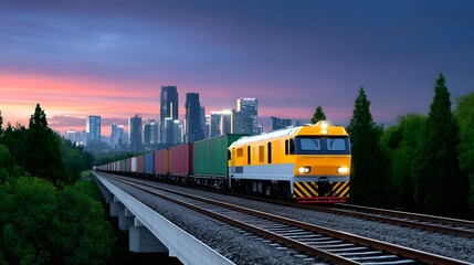 Obraz premium A freight train carrying multiple cargo containers travels along the railway tracks, entering a vibrant city skyline with tall modern buildings in the background against a colorful sunset sky.
