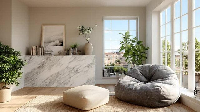 Elegant living room interior with beanbag chair and natural light showcasing modern design