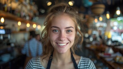 A friendly barista with a bright smile stands in a café, showcasing a warm ambiance filled with delightful drinks, inviting customers to enjoy a moment of relaxation and connection.