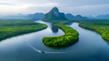 aerial view mangrove forest and mountain peak of Phang nga bay, Thailand