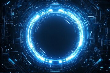Futuristic glowing blue tech portal interface with circular digital elements and sci-fi energy core