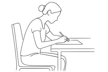 Young woman writing on paper, continuous line drawing vector illustration.