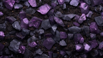Amethyst Crystals on Earth: A close-up view showcases a scattering of amethyst crystals resting upon the earth. The scene reveals a stunning collection of the purple gemstones in a natural setting.