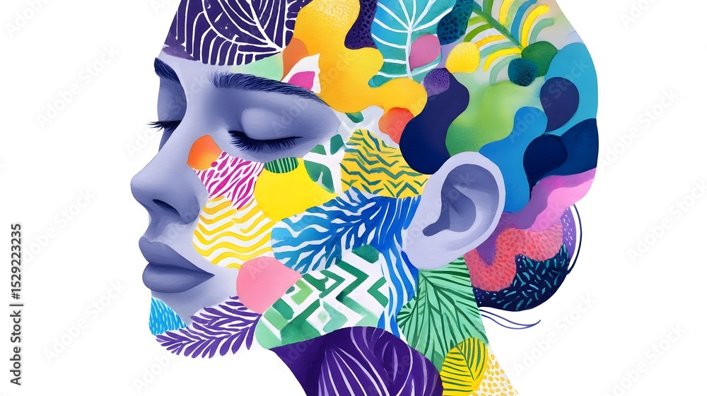 Aufkleber visually striking abstract portrait featuring a vibrant array of fluid, watercolor-inspired patterns