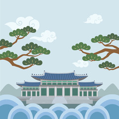 Korean traditional landscape illustrations with traditional Korean houses and traditional patterned pine trees