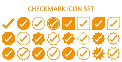 Orange checkmark icon set. Accept checkmark icon set. Approved symbol. Checklist chechkmark icon symbols vector illustration. Editable color. © enrichogs