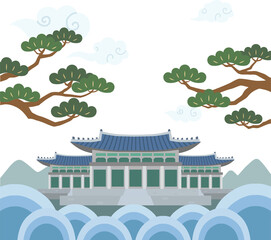 Korean traditional landscape illustrations with traditional Korean houses and traditional patterned pine trees