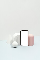 Minimal Smartphone Mockup with Geometric Objects on Pastel Background