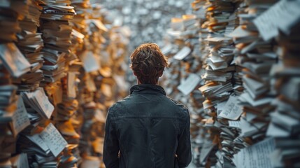 A contemplative figure standing in a maze of books and papers, representing the exploration of knowledge and the endless pursuit of learning in a scholarly environment.