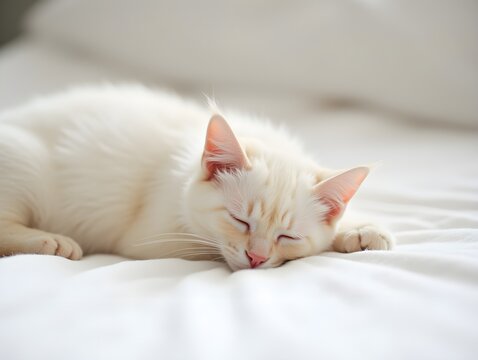 Sleeping Cream Ragdoll Cat on White Fabric