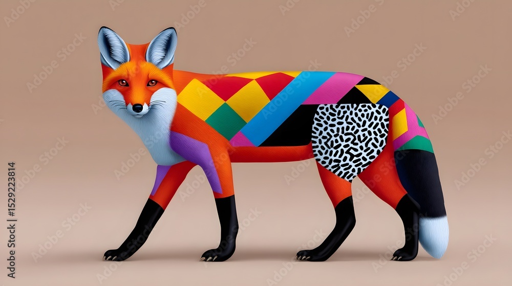 Aufkleber a playful and stylized fox featuring a vibrant mix of geometric patterns that create a dynamic and e