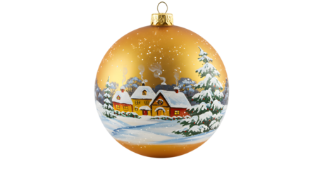 A beautifully painted golden Christmas ornament featuring a snowy village scene with colorful houses and pine trees