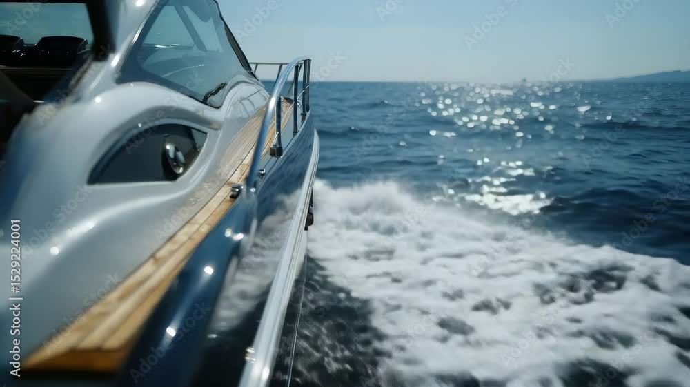 Poster close-up of the side of an elegant speedboat in full motion, with an ocean view on a sunny day.