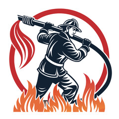 Design a logo featuring a strong firefighter powerfully lifting a fire hose, with flames blazing intensely in the background.  The logo should be bold and memorable.