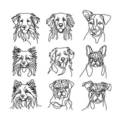 Set of different dog drawn in a continuous one line style. Minimalistic vector art of pets. For animal-themed designs, prints, or home decor.