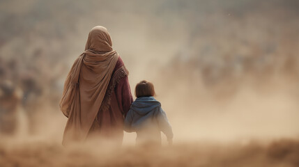 Struggling Refugees Walking Towards a Distant Border Crossing