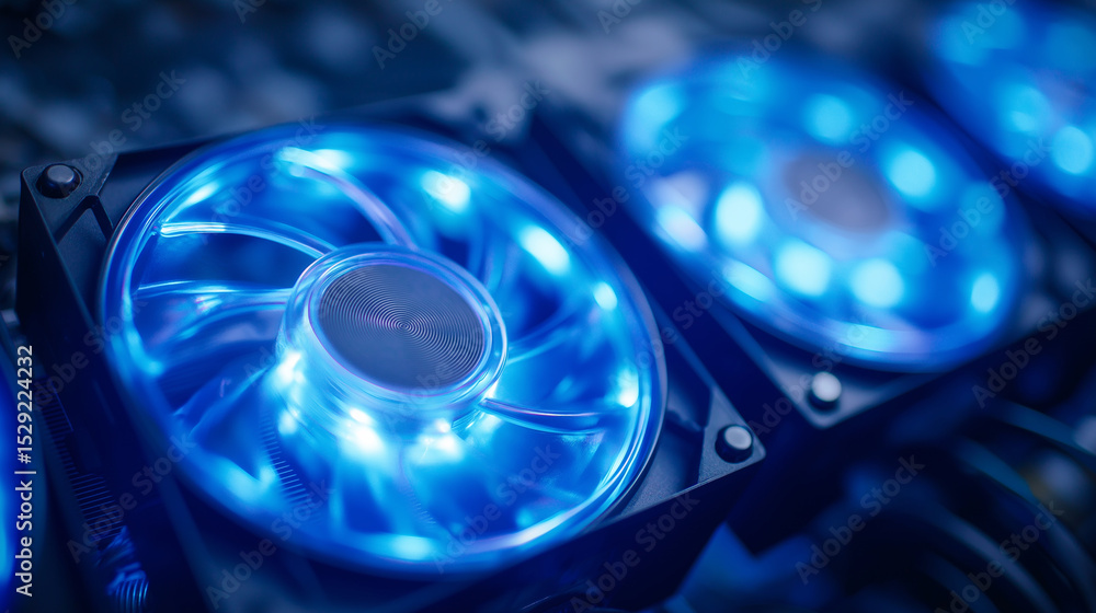 Poster high-performance server fans with blue leds in data center