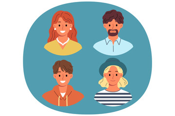 Family of mom and dad and teenage children smiling at screen, for avatars or profile photos in web design. People of different ages from one family are dressed in casual clothes or feel good mood