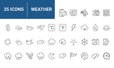 Weather set of web icons in line style. Forecast weather icons for web and mobile app. Forecast, clouds, sunny day, wind, snowflakes, sun, rain, thunder storm, dew, wind, moon. Vector illustration