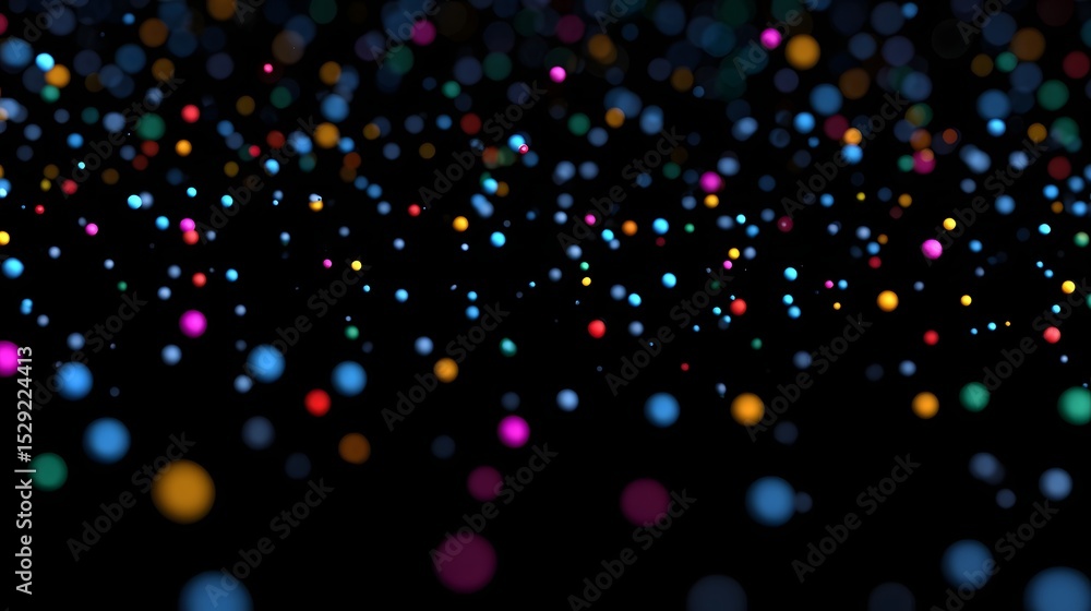Poster vibrant, multicolored confetti particles cascading through a dark, glowing cosmic-inspired backgroun