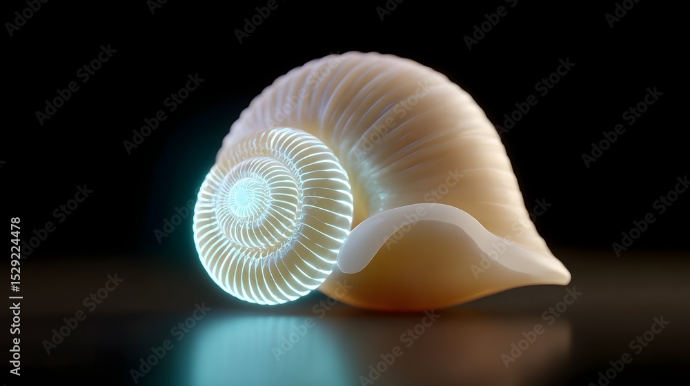 Poster close-up of a luminous, pearlescent seashell featuring an intricate, glowing spiral pattern against 