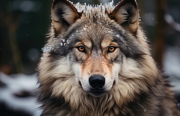Fototapeta premium A captivating portrait of a majestic wolf with a thick, snowy coat set against a beautiful natural backdrop, symbolizing strength, beauty, and the wild spirit of nature.