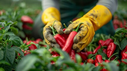 A dedicated gardener handsomely picking ripe red peppers among lush greenery, illustrating the rewarding experience of cultivating and harvesting organic produce.